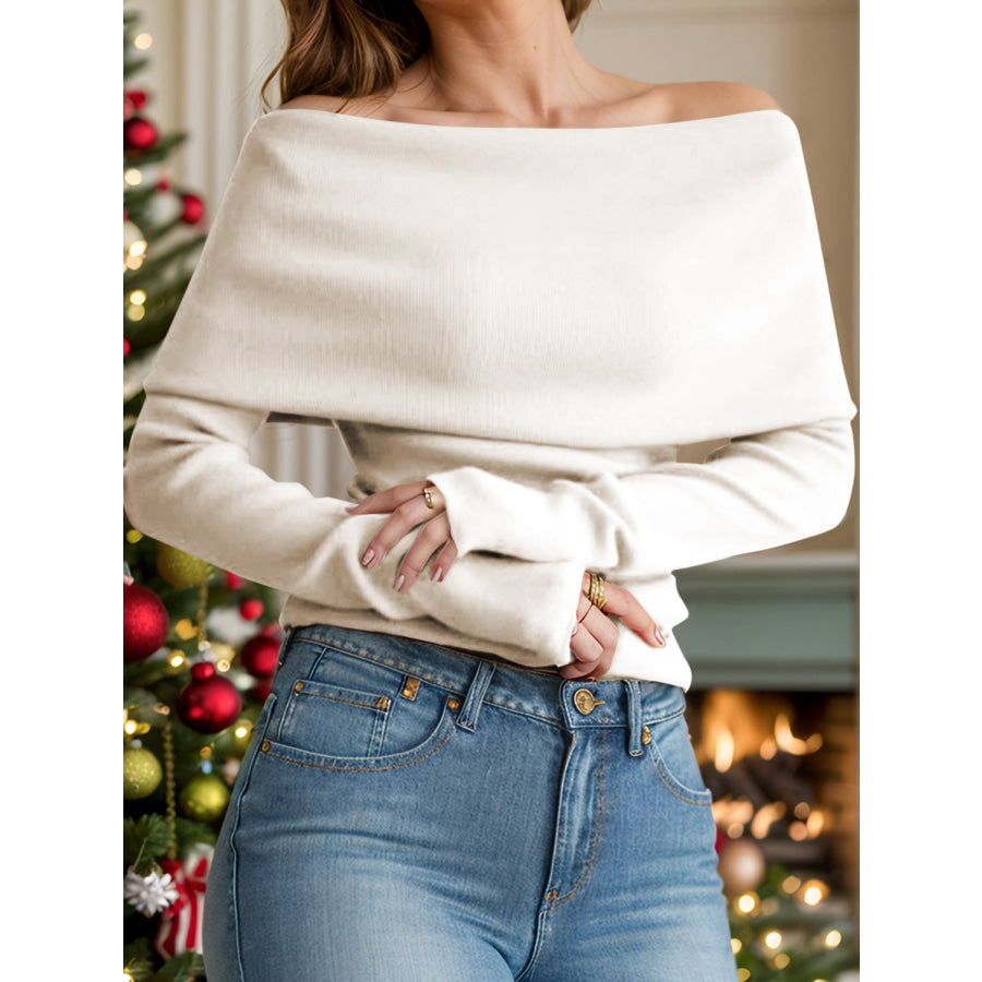 Off-Shoulder Long Sleeve Sweater Ivory / One Size Apparel and Accessories