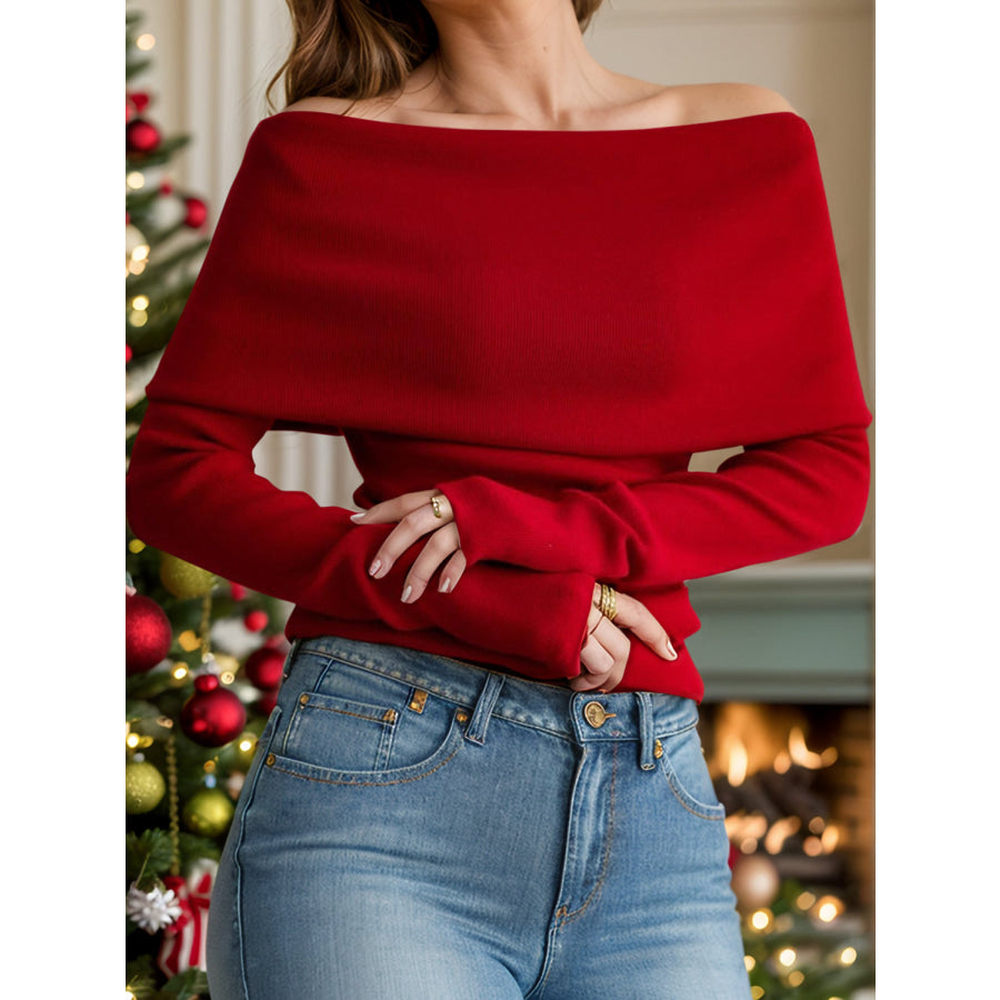 Off-Shoulder Long Sleeve Sweater Orange-Red / One Size Apparel and Accessories