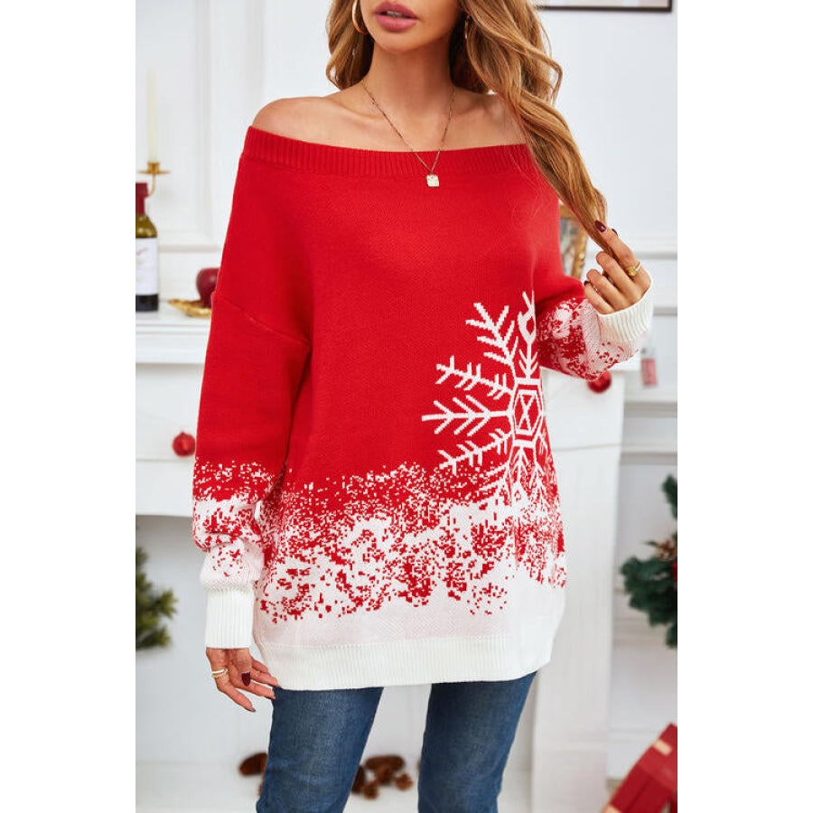 Off-Shoulder Long Sleeve Sweater Red / S Clothing