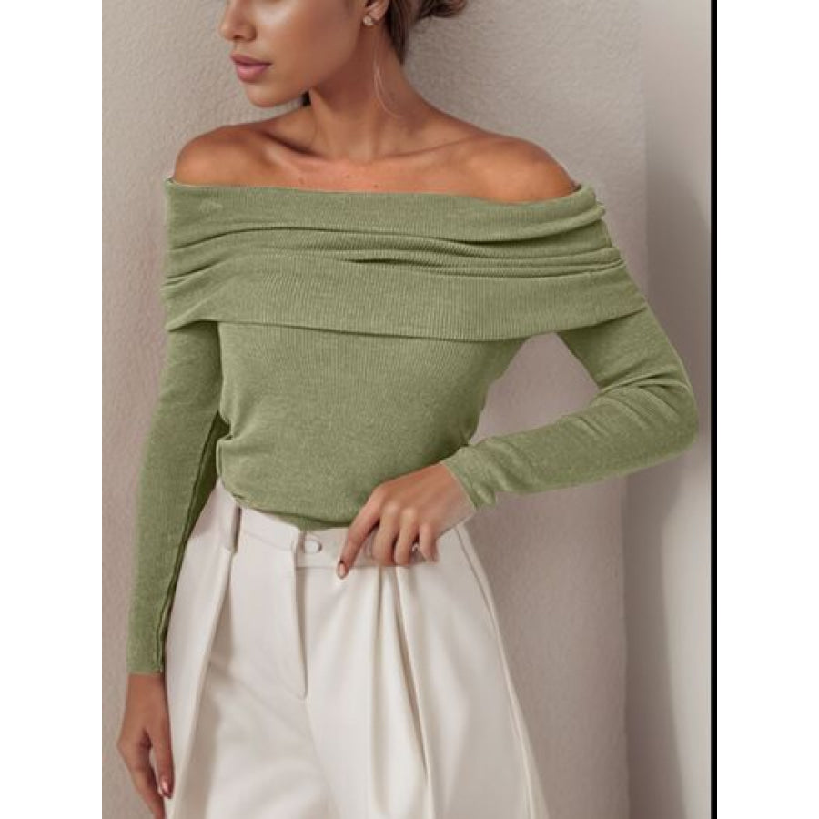 Off - Shoulder Long Sleeve Sweater Sage / S Apparel and Accessories
