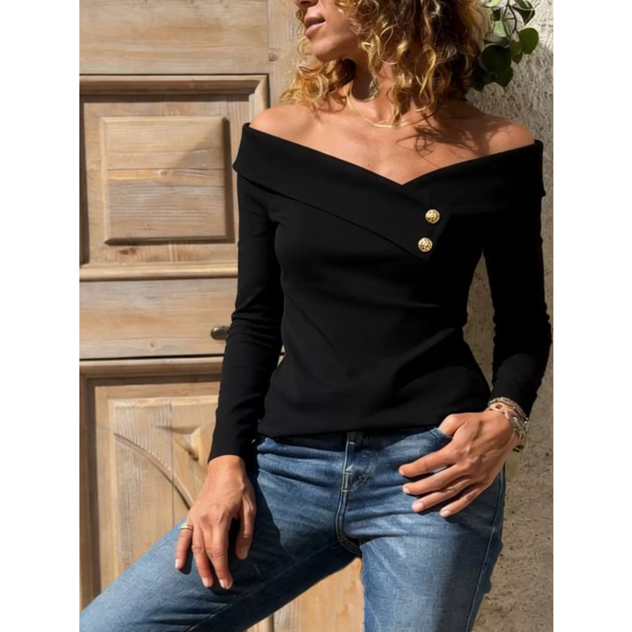 Off-Shoulder Long Sleeve T-Shirt Black / S Apparel and Accessories