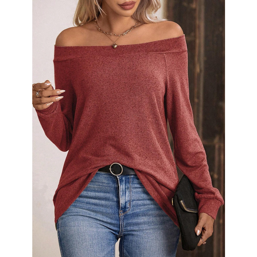 Off-Shoulder Long Sleeve T-Shirt Rust / S Apparel and Accessories