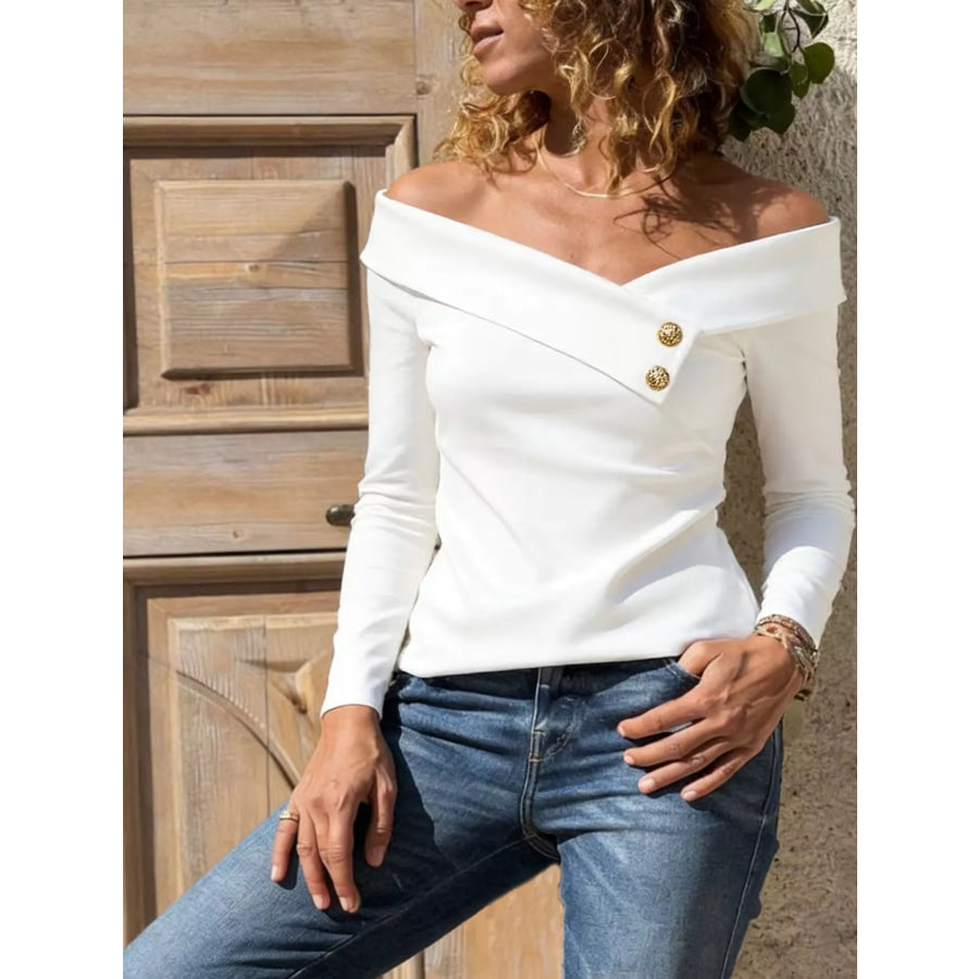 Off-Shoulder Long Sleeve T-Shirt White / S Apparel and Accessories