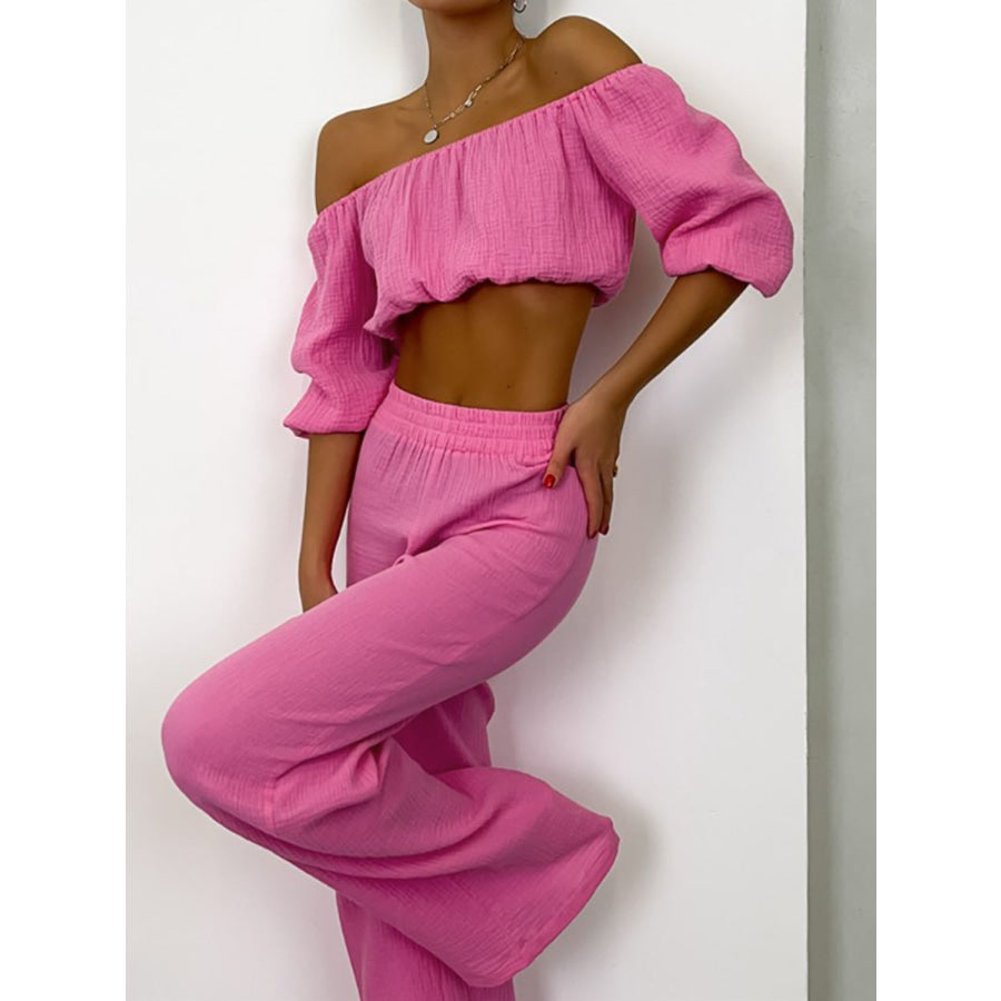 Off Shoulder Long Sleeve Top and Pants Set Apparel and Accessories