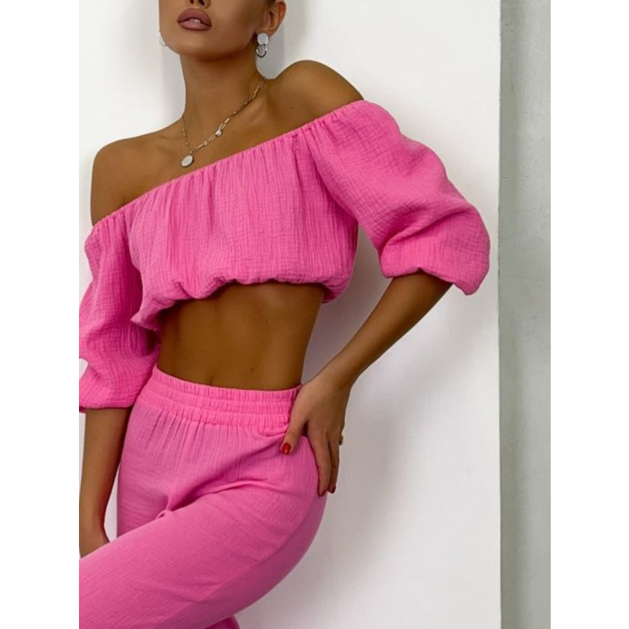 Off Shoulder Long Sleeve Top and Pants Set Apparel and Accessories