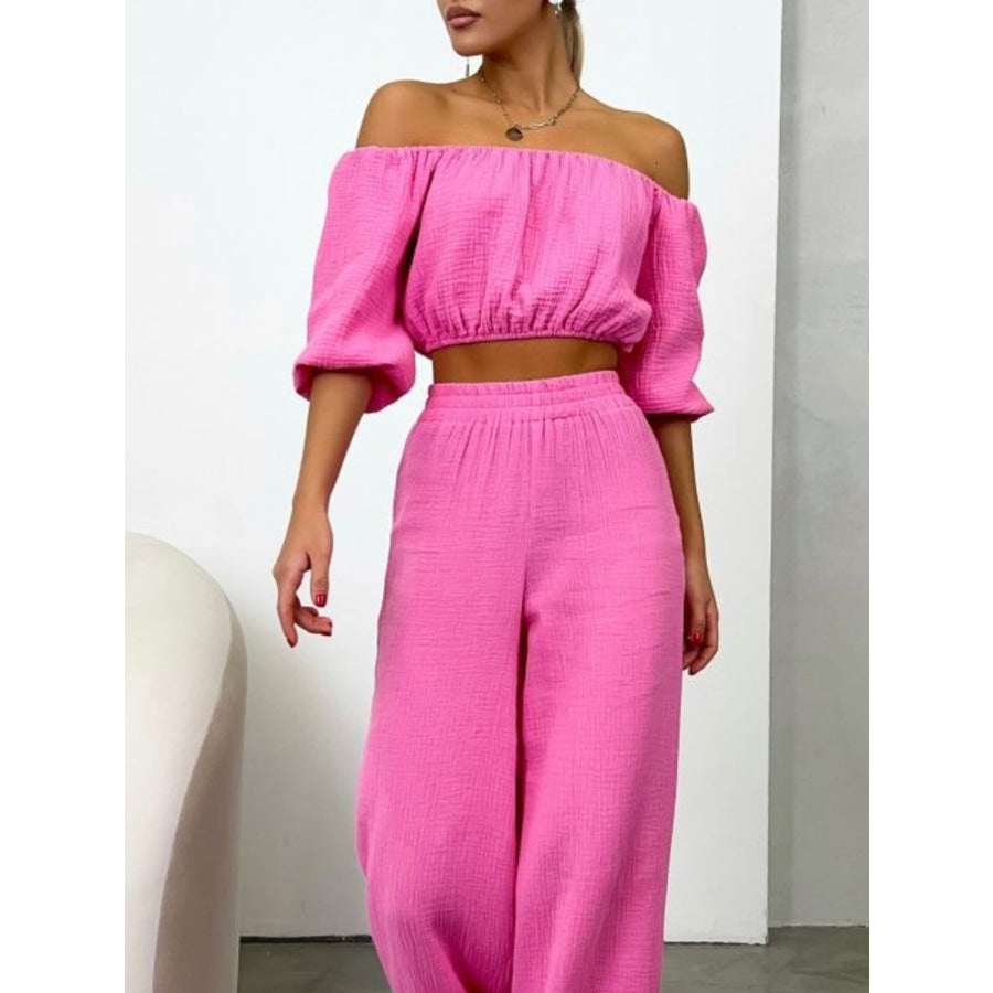 Off Shoulder Long Sleeve Top and Pants Set Hot Pink / S Apparel and Accessories