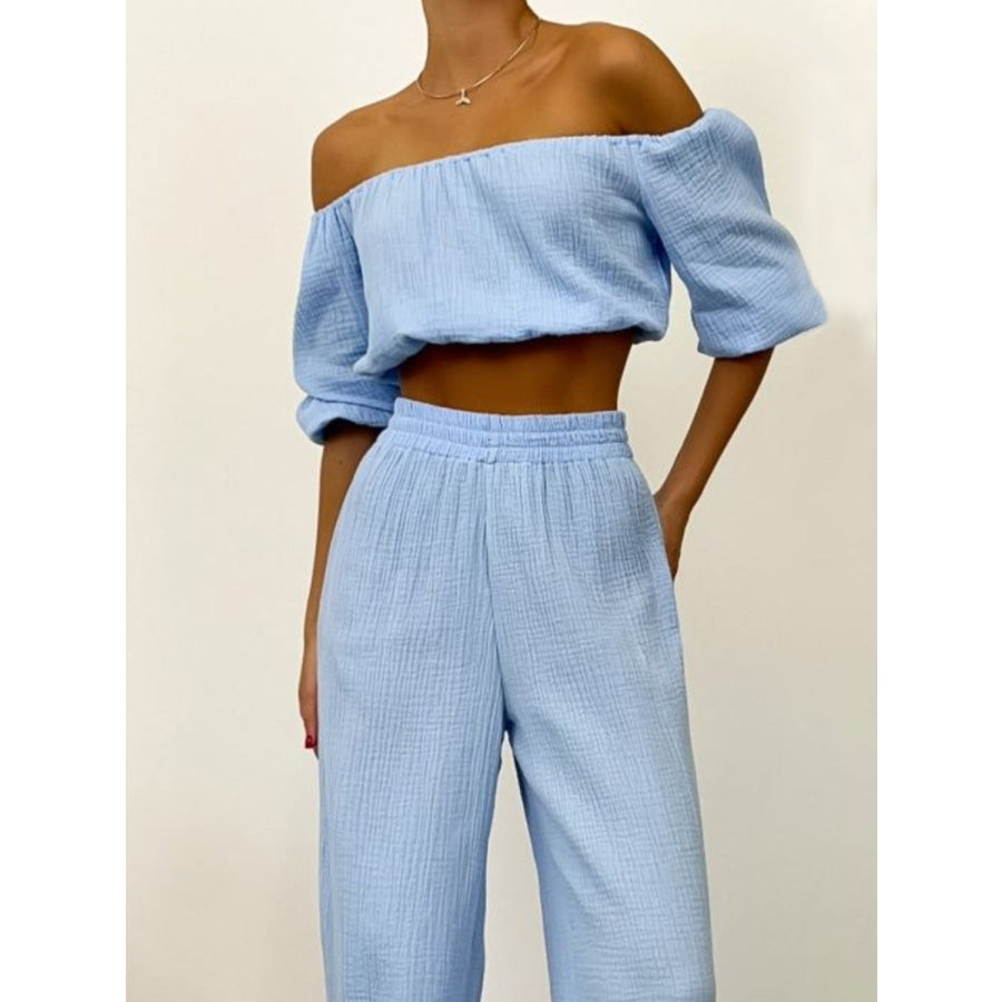 Off Shoulder Long Sleeve Top and Pants Set Light Blue / S Apparel and Accessories
