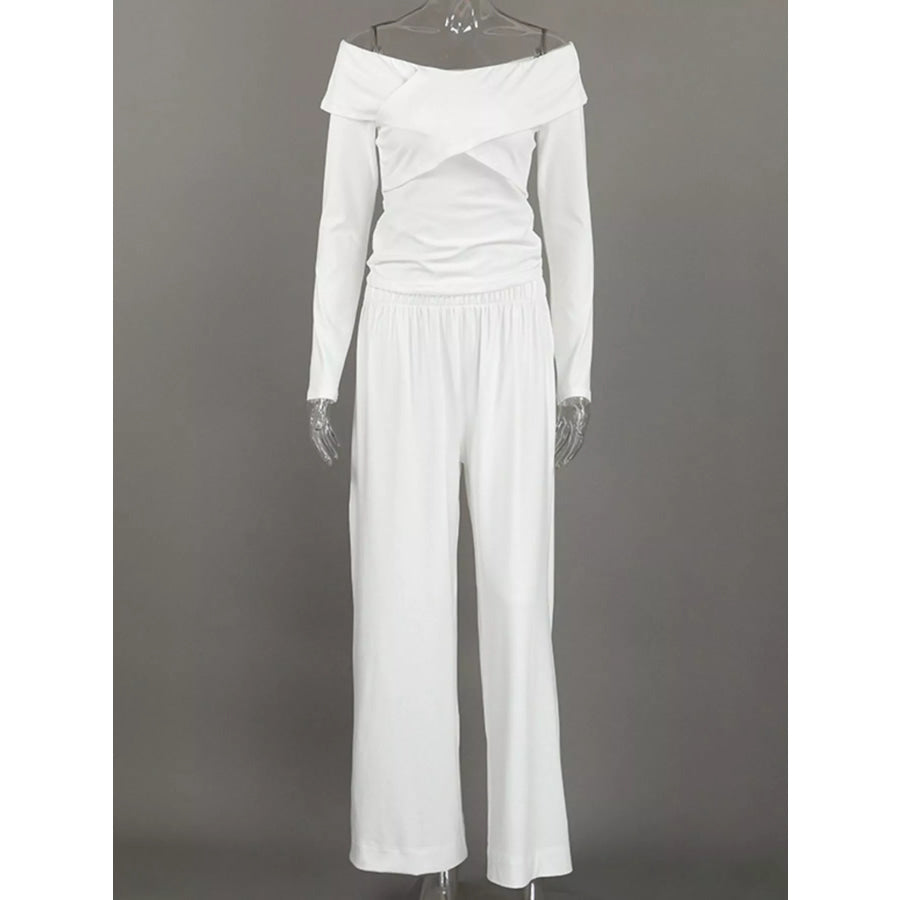 Off-Shoulder Long Sleeve Top and Wide-Leg Pants Set Apparel and Accessories