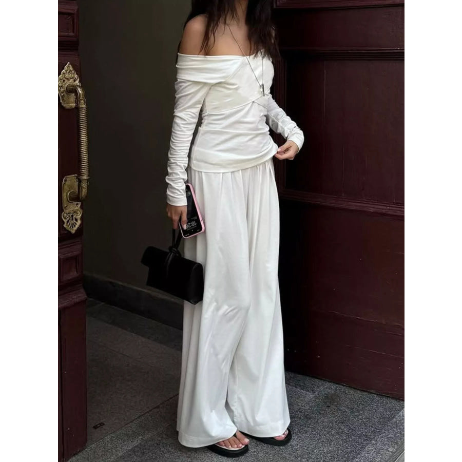 Off-Shoulder Long Sleeve Top and Wide-Leg Pants Set Apparel and Accessories