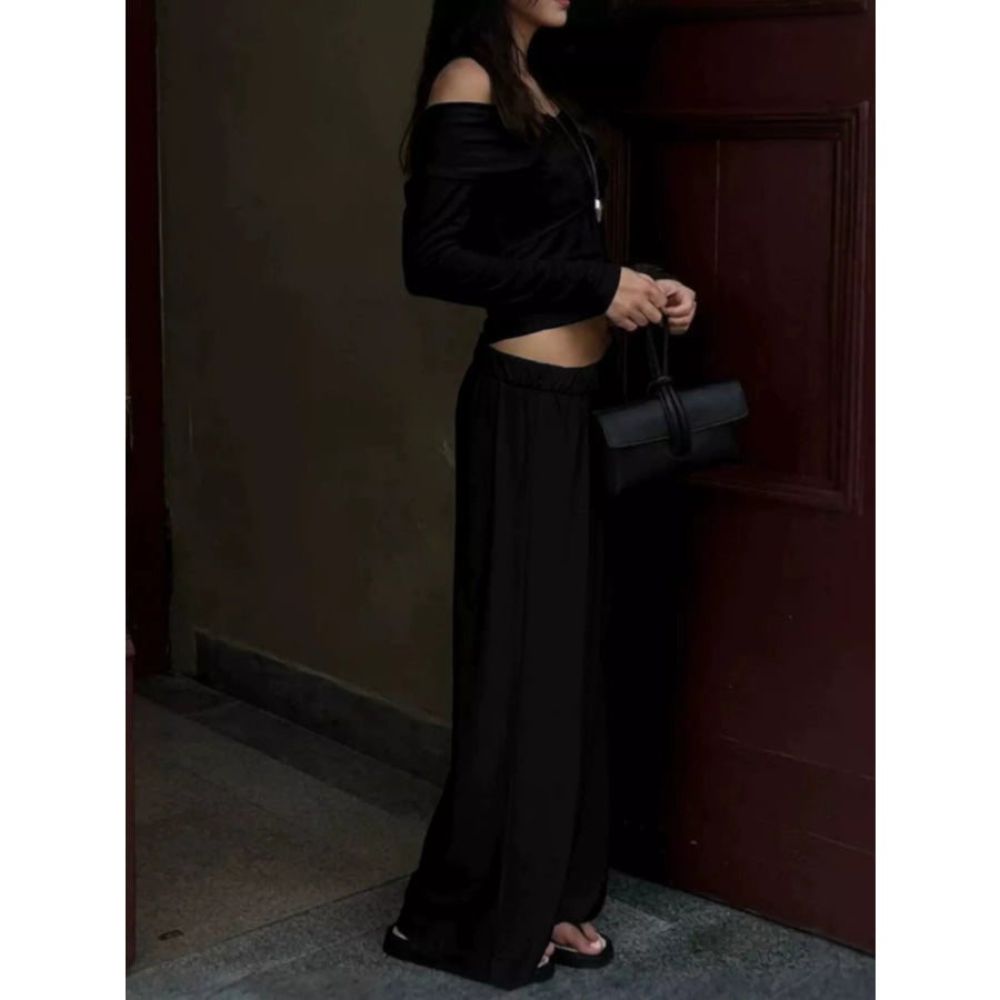 Off-Shoulder Long Sleeve Top and Wide-Leg Pants Set Apparel and Accessories