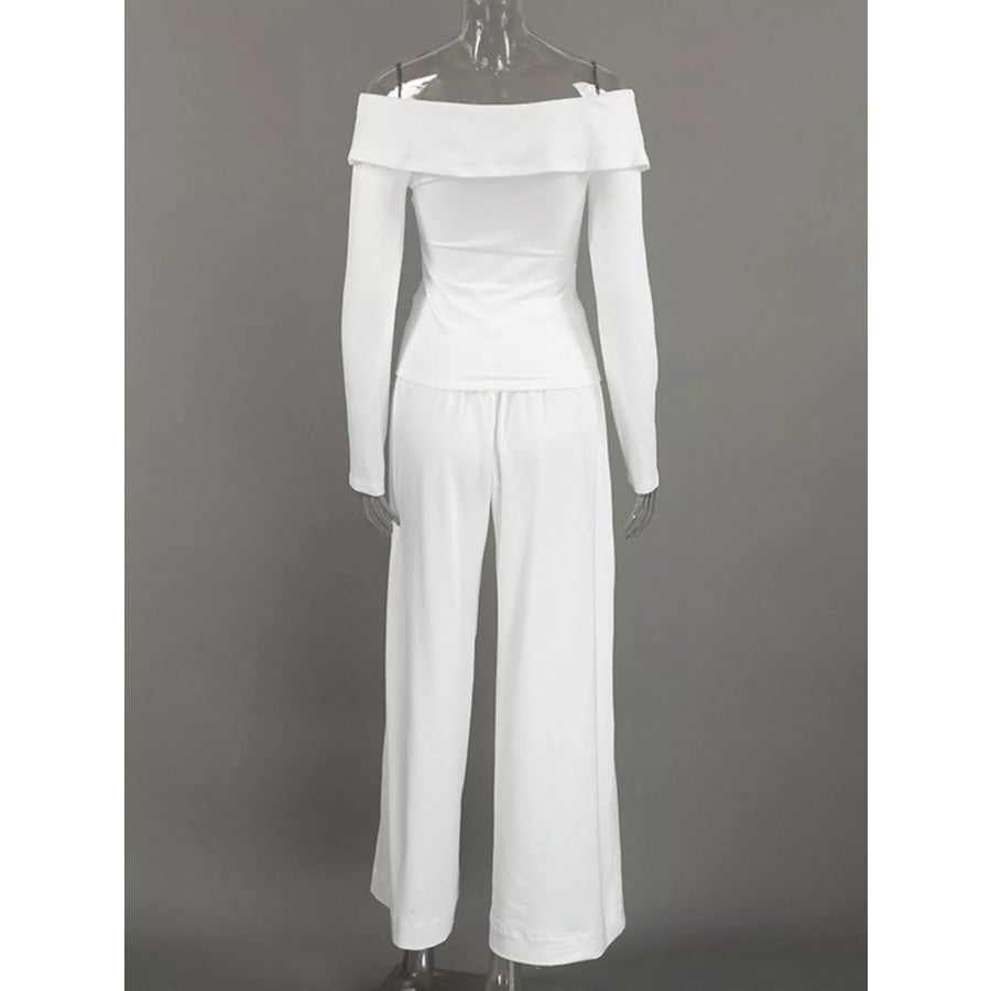 Off-Shoulder Long Sleeve Top and Wide-Leg Pants Set Apparel and Accessories