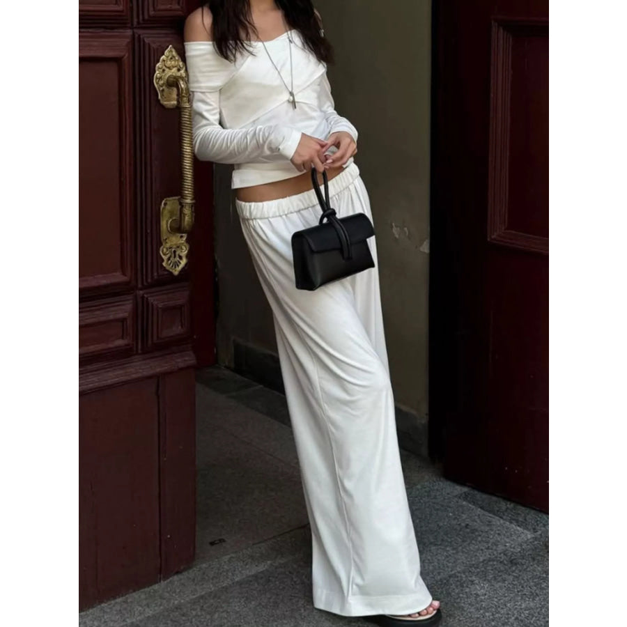 Off-Shoulder Long Sleeve Top and Wide-Leg Pants Set Apparel and Accessories
