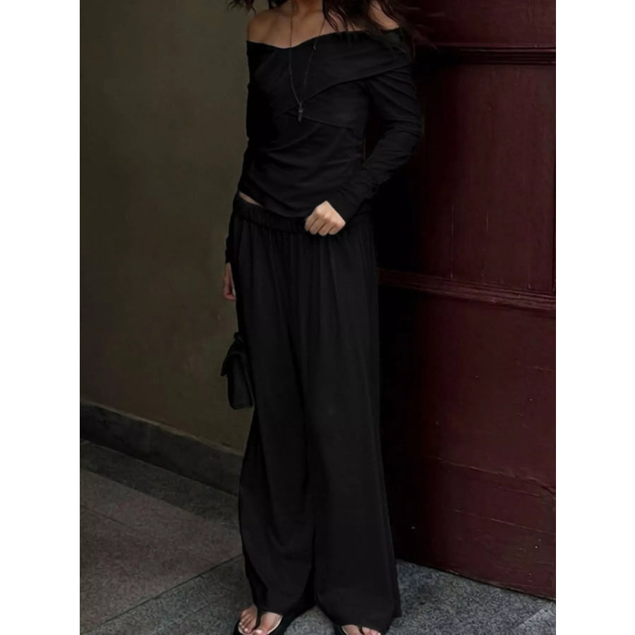 Off-Shoulder Long Sleeve Top and Wide-Leg Pants Set Apparel and Accessories