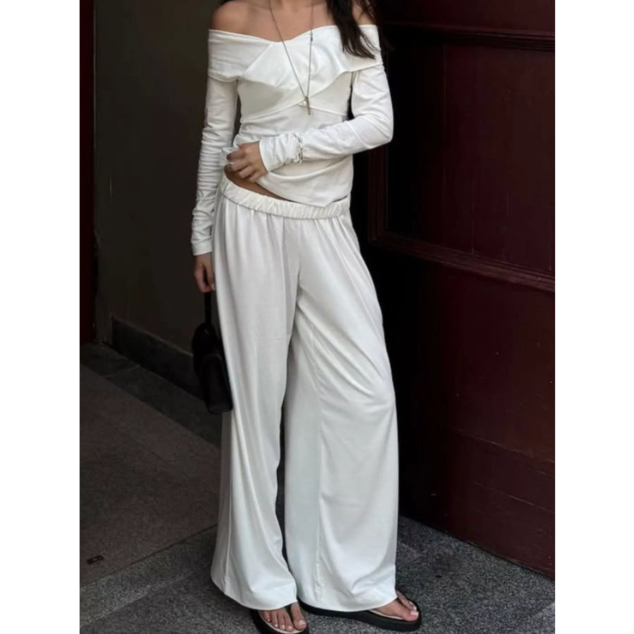 Off-Shoulder Long Sleeve Top and Wide-Leg Pants Set White / S Apparel and Accessories