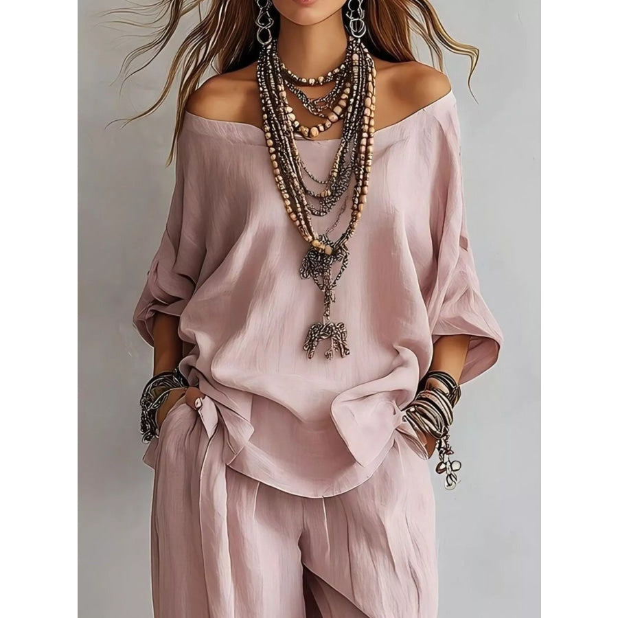 Off-Shoulder Loose Fit Top and Pants Two-Piece Set Dusty Pink / S Apparel Accessories