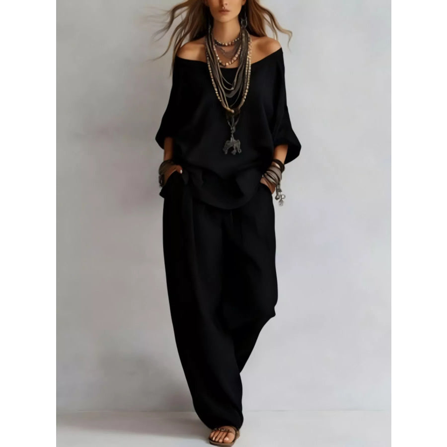 Off-Shoulder Loose Fit Top and Pants Two-Piece Set Black / S Apparel Accessories