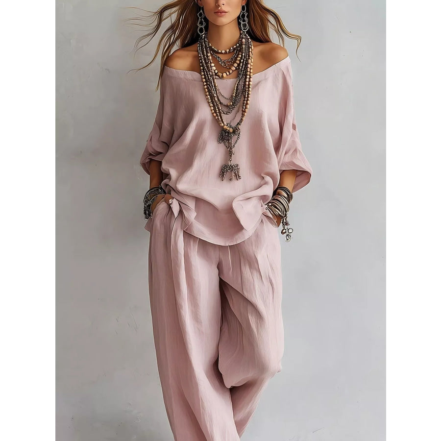 Off-Shoulder Loose Fit Top and Pants Two-Piece Set Dusty Pink / S Apparel Accessories