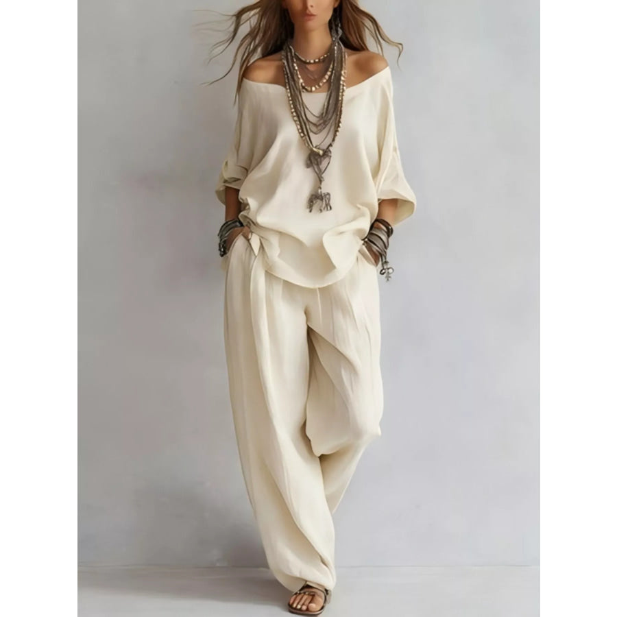 Off-Shoulder Loose Fit Top and Pants Two-Piece Set Ivory / S Apparel Accessories