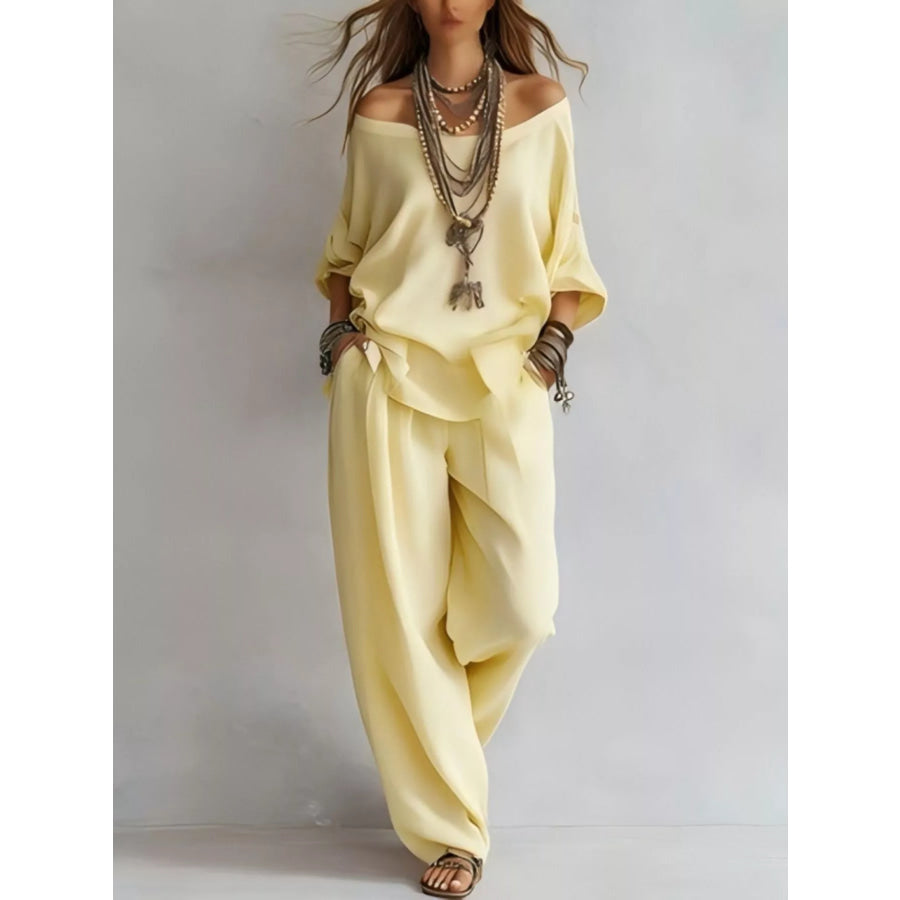 Off-Shoulder Loose Fit Top and Pants Two-Piece Set Pastel Yellow / S Apparel Accessories