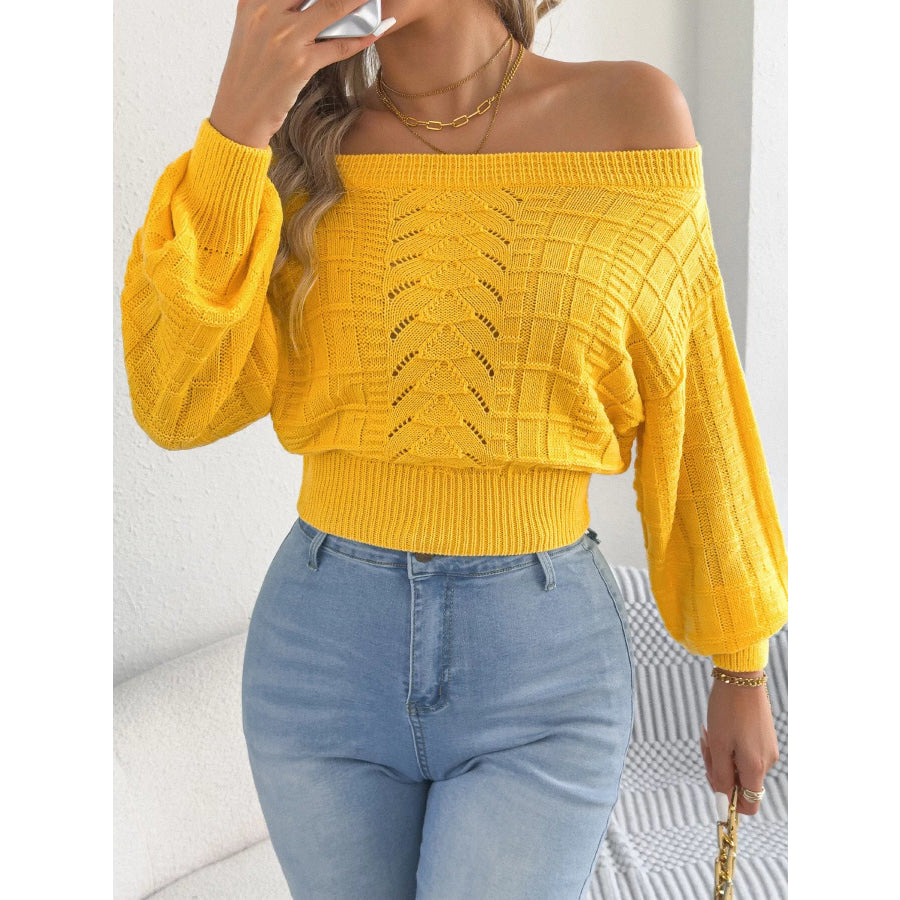 Off-Shoulder Openwork Cropped Sweater Apparel and Accessories