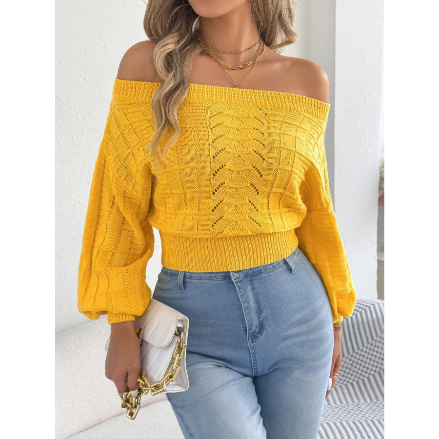 Off-Shoulder Openwork Cropped Sweater Apparel and Accessories
