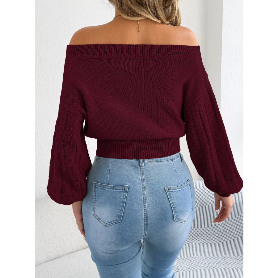 Off-Shoulder Openwork Cropped Sweater Apparel and Accessories