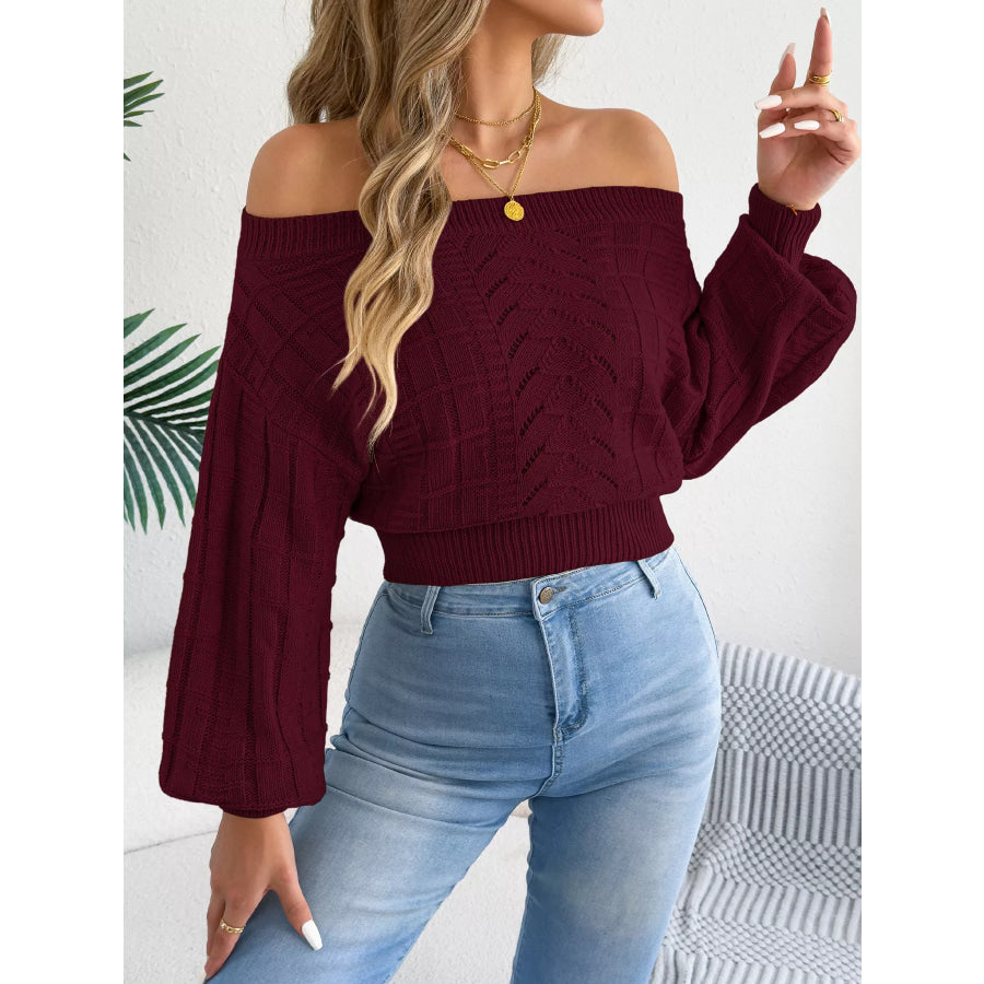 Off-Shoulder Openwork Cropped Sweater Apparel and Accessories