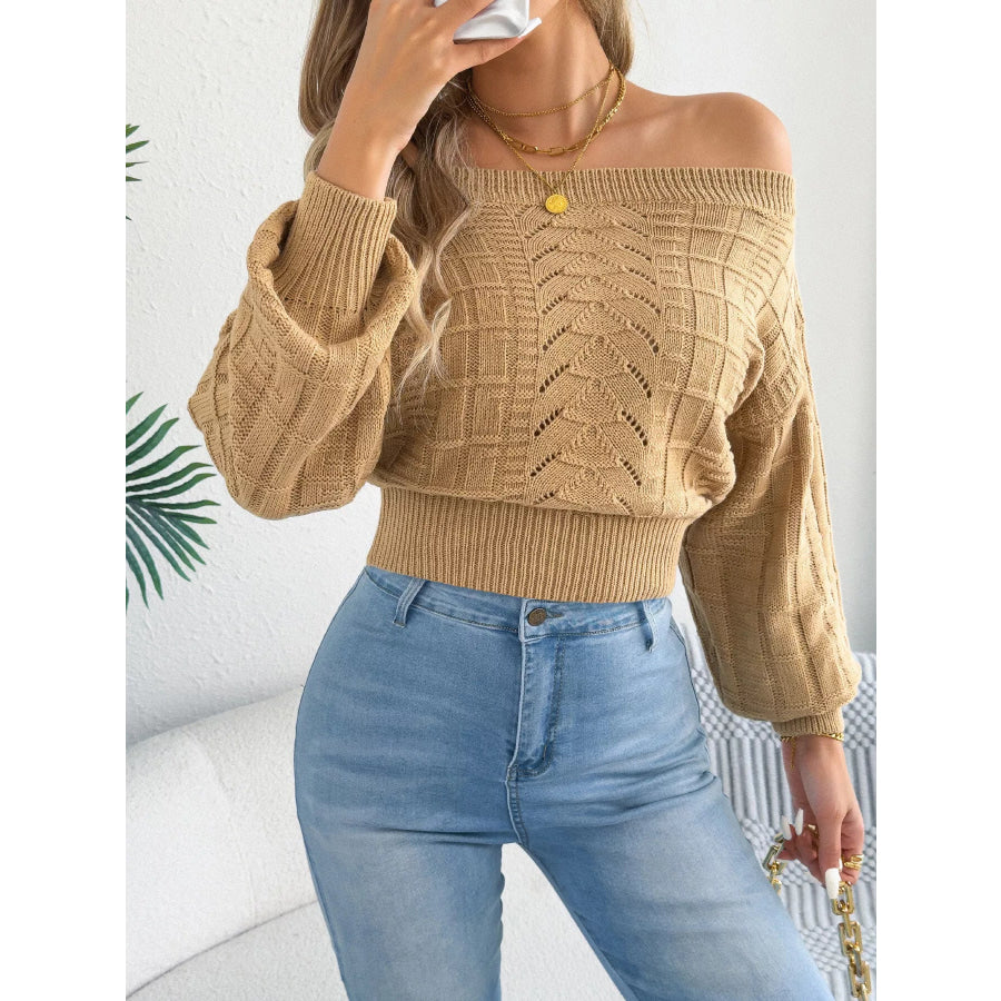 Off-Shoulder Openwork Cropped Sweater Apparel and Accessories