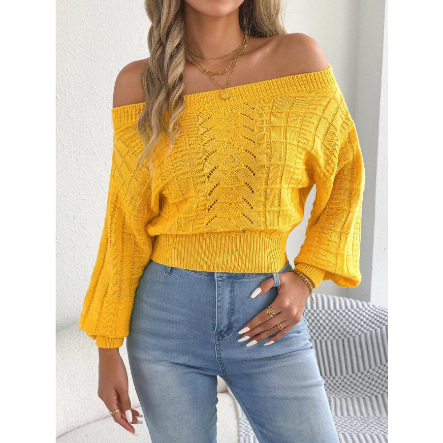 Off-Shoulder Openwork Cropped Sweater Apparel and Accessories