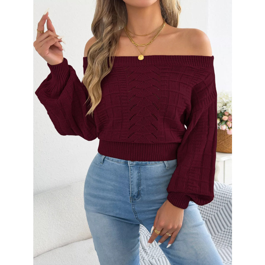 Off-Shoulder Openwork Cropped Sweater Apparel and Accessories