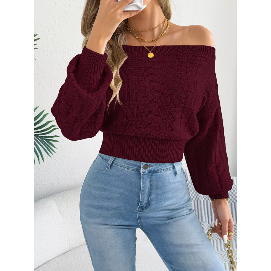 Off-Shoulder Openwork Cropped Sweater Apparel and Accessories