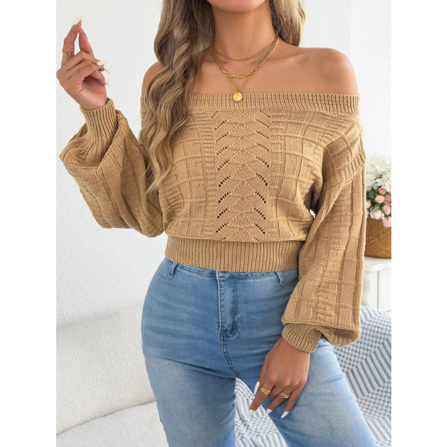 Off-Shoulder Openwork Cropped Sweater Apparel and Accessories