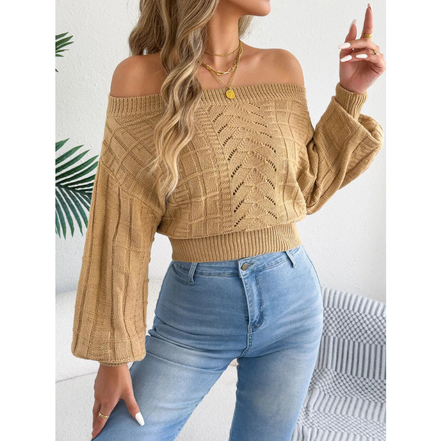 Off-Shoulder Openwork Cropped Sweater Apparel and Accessories