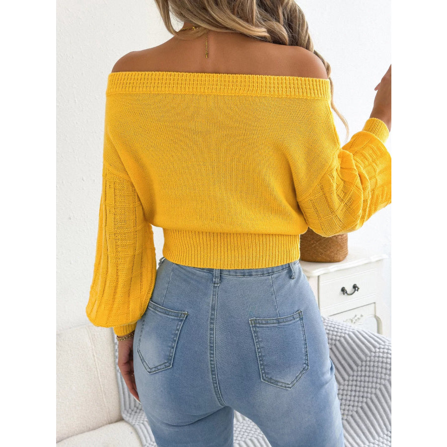 Off-Shoulder Openwork Cropped Sweater Apparel and Accessories
