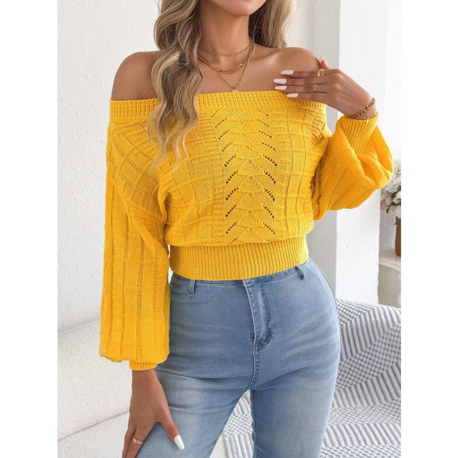 Off-Shoulder Openwork Cropped Sweater Apparel and Accessories
