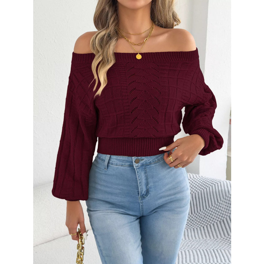 Off-Shoulder Openwork Cropped Sweater Burgundy / S Apparel and Accessories