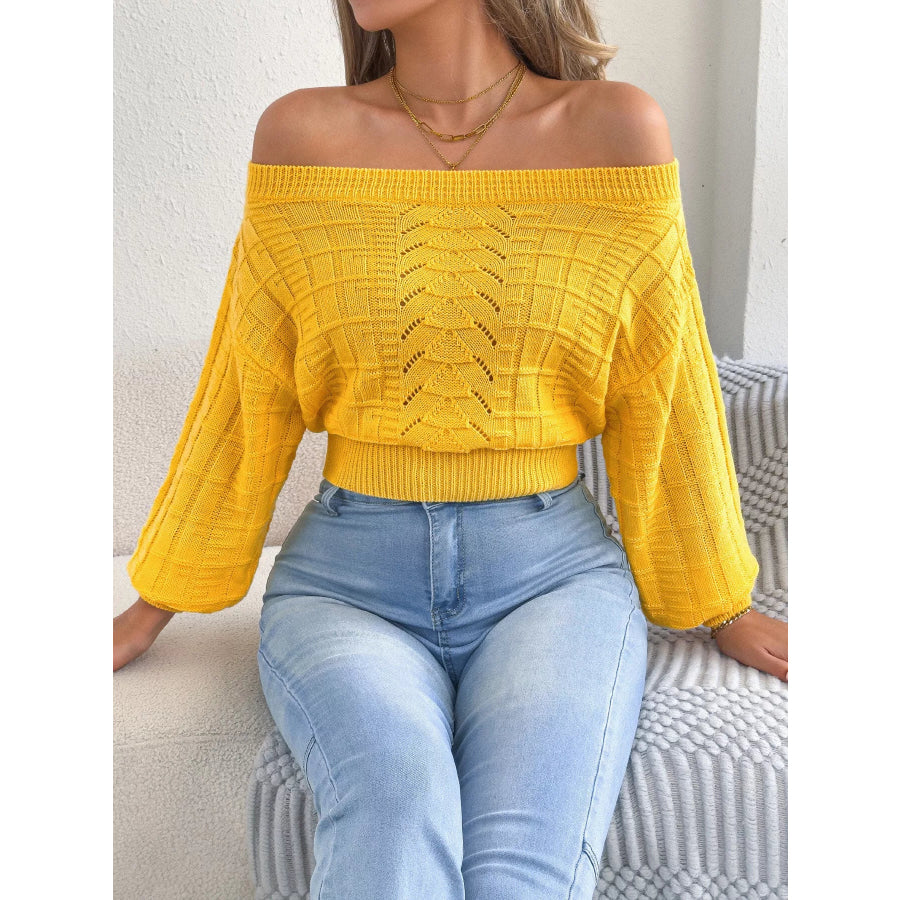 Off-Shoulder Openwork Cropped Sweater Yellow / S Apparel and Accessories