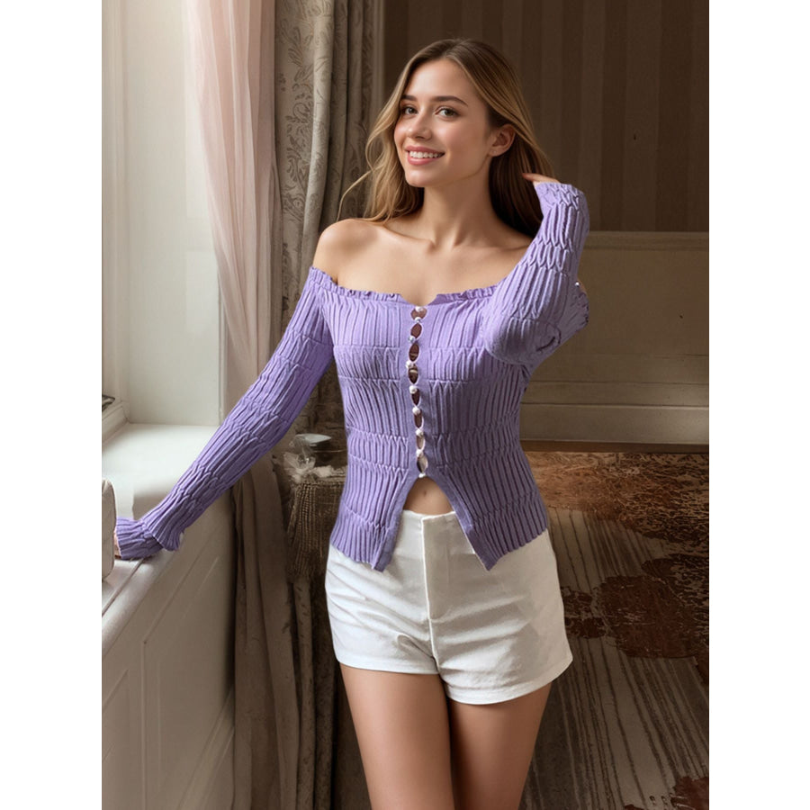 Off-Shoulder Pearl Button Knit Top Apparel and Accessories