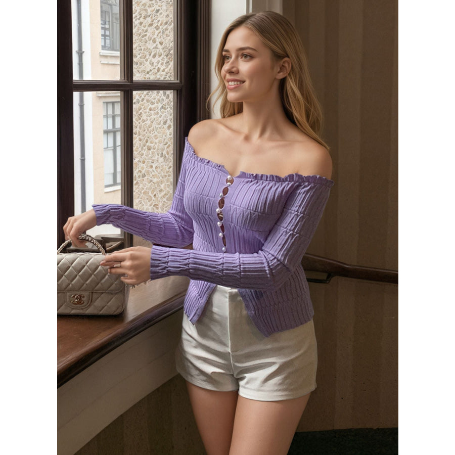 Off-Shoulder Pearl Button Knit Top Apparel and Accessories