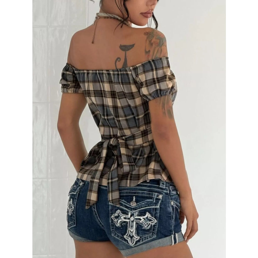 Off-Shoulder Plaid Blouse Apparel and Accessories