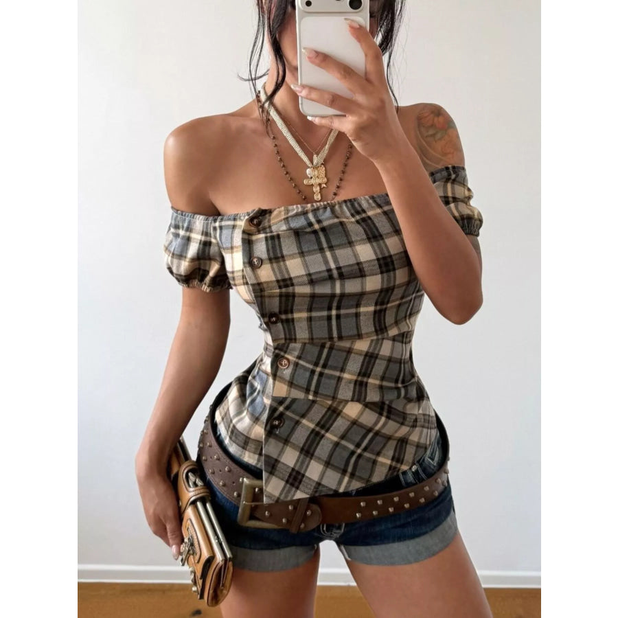 Off-Shoulder Plaid Blouse Apparel and Accessories