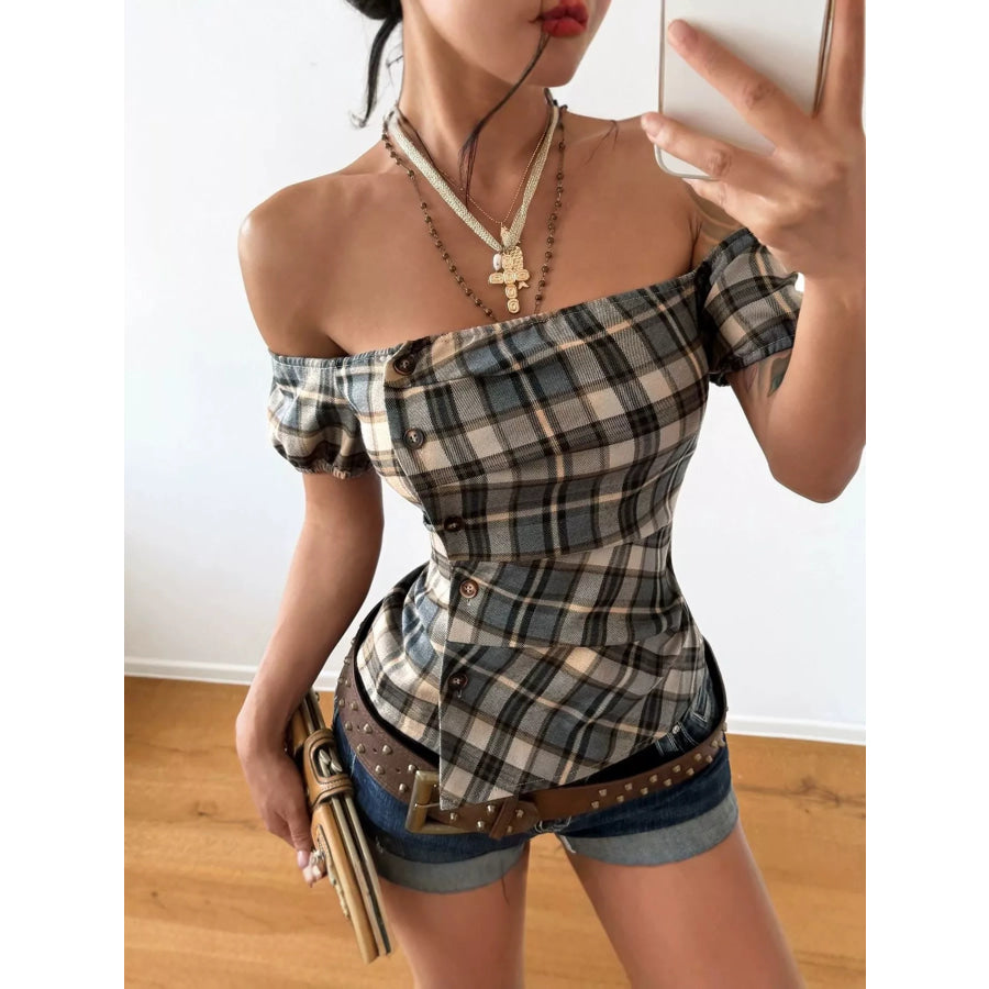 Off-Shoulder Plaid Blouse Apparel and Accessories