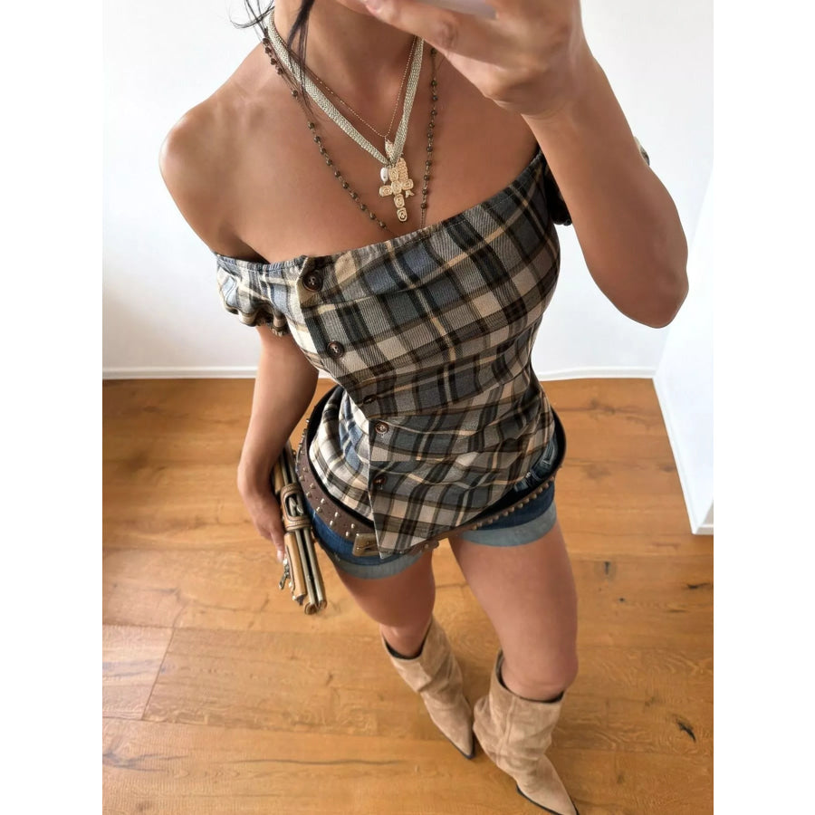Off-Shoulder Plaid Blouse Apparel and Accessories