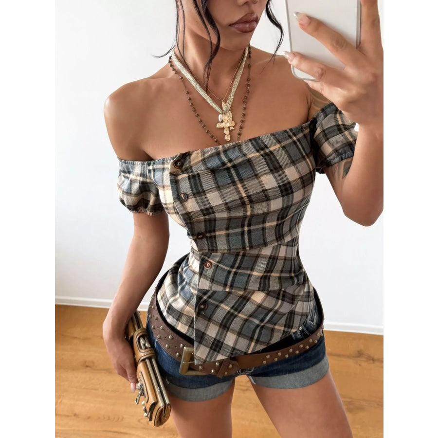 Off-Shoulder Plaid Blouse / S Apparel and Accessories