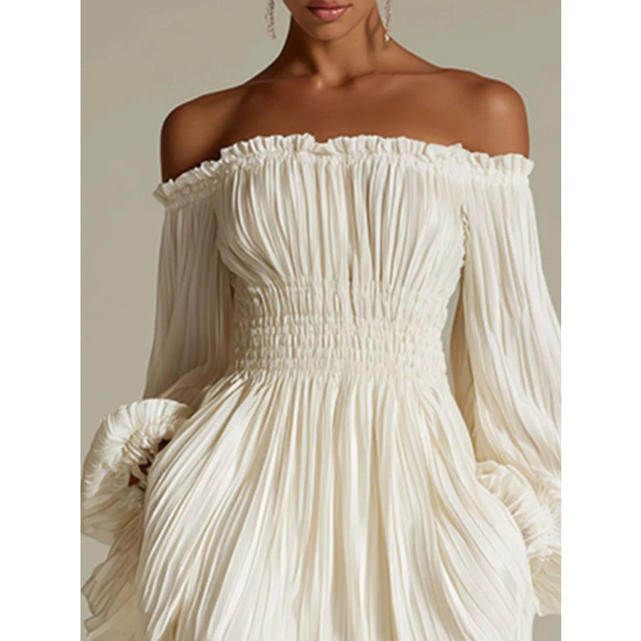 Off-Shoulder Pleated Mini Dress Cream / S Apparel and Accessories