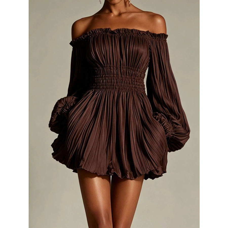 Off-Shoulder Pleated Mini Dress Brown / S Apparel and Accessories