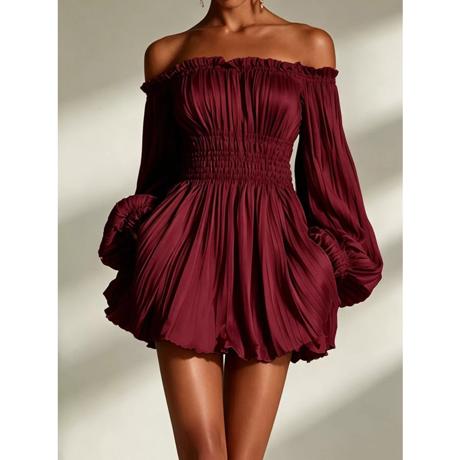 Off-Shoulder Pleated Mini Dress Burgundy / S Apparel and Accessories
