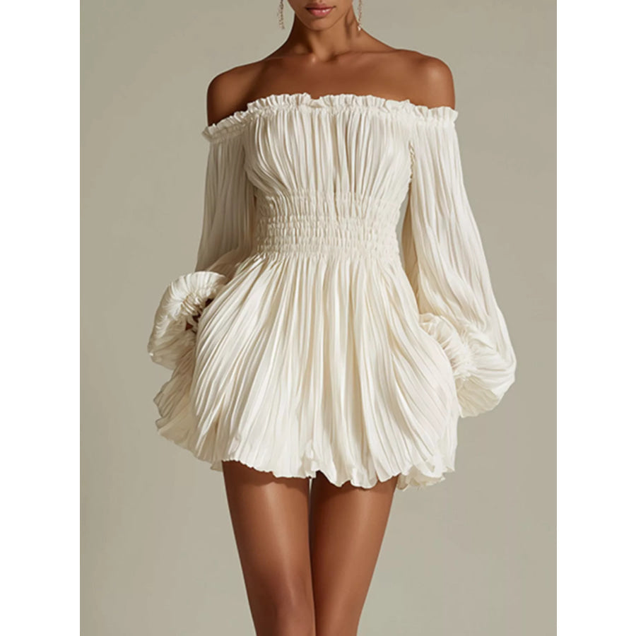 Off-Shoulder Pleated Mini Dress Cream / S Apparel and Accessories