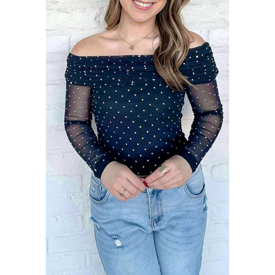 Off-Shoulder Polka Dot Mesh Blouse Apparel and Accessories