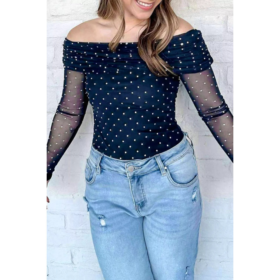 Off-Shoulder Polka Dot Mesh Blouse Apparel and Accessories